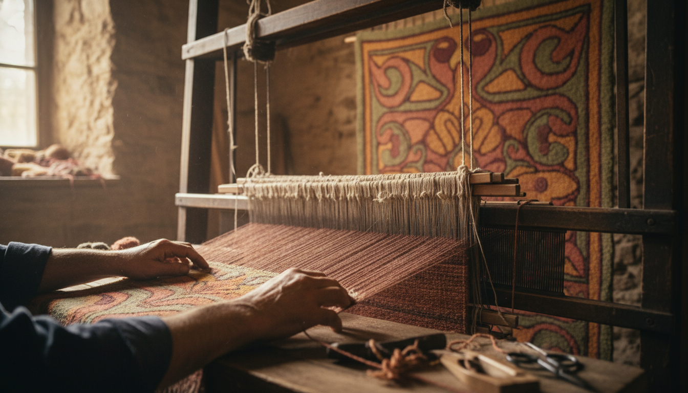 An artisan hand-weaving a high-end Folk Nouveau rug using traditional techniques and natural dyes.
