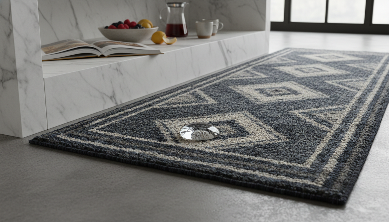 Luxury performance rug in a kitchen setting showing stain-resistant technology, a top 2026 practical rug trend.