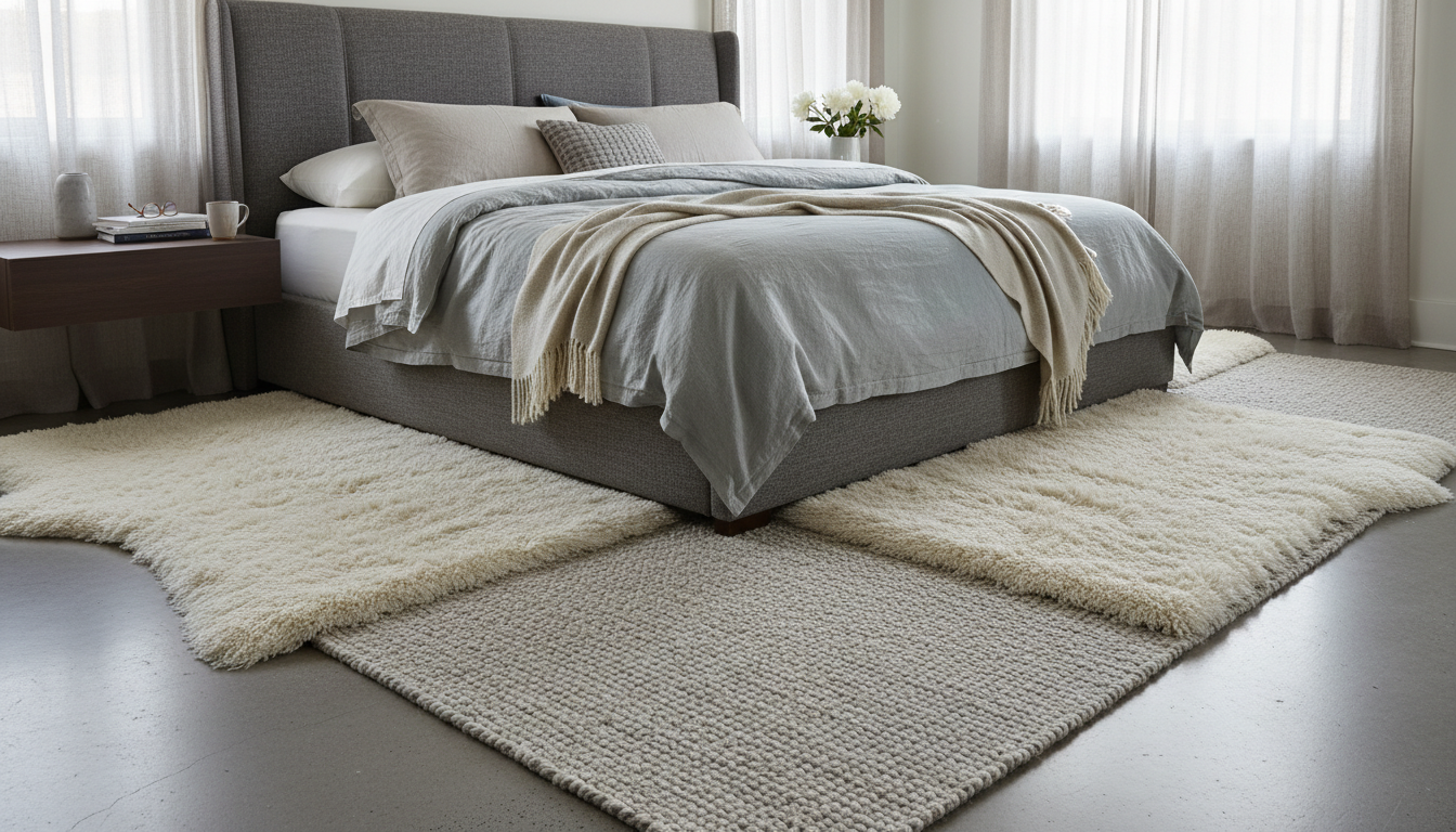 Plush bedroom rug layering with high-pile runners over a large neutral base rug for added comfort.