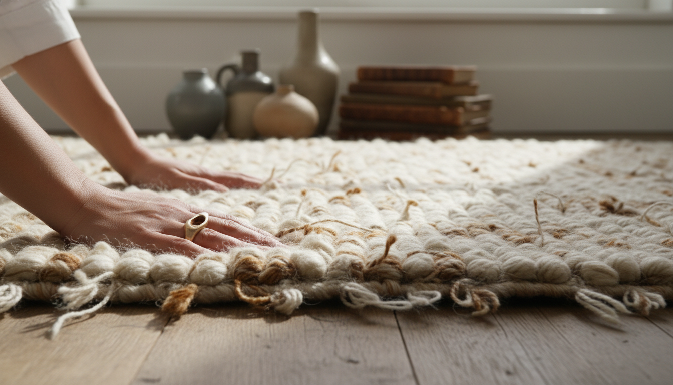 Detail of hand-woven sustainable wool fibers in a high-end textured rug for eco-conscious 2026 homes.