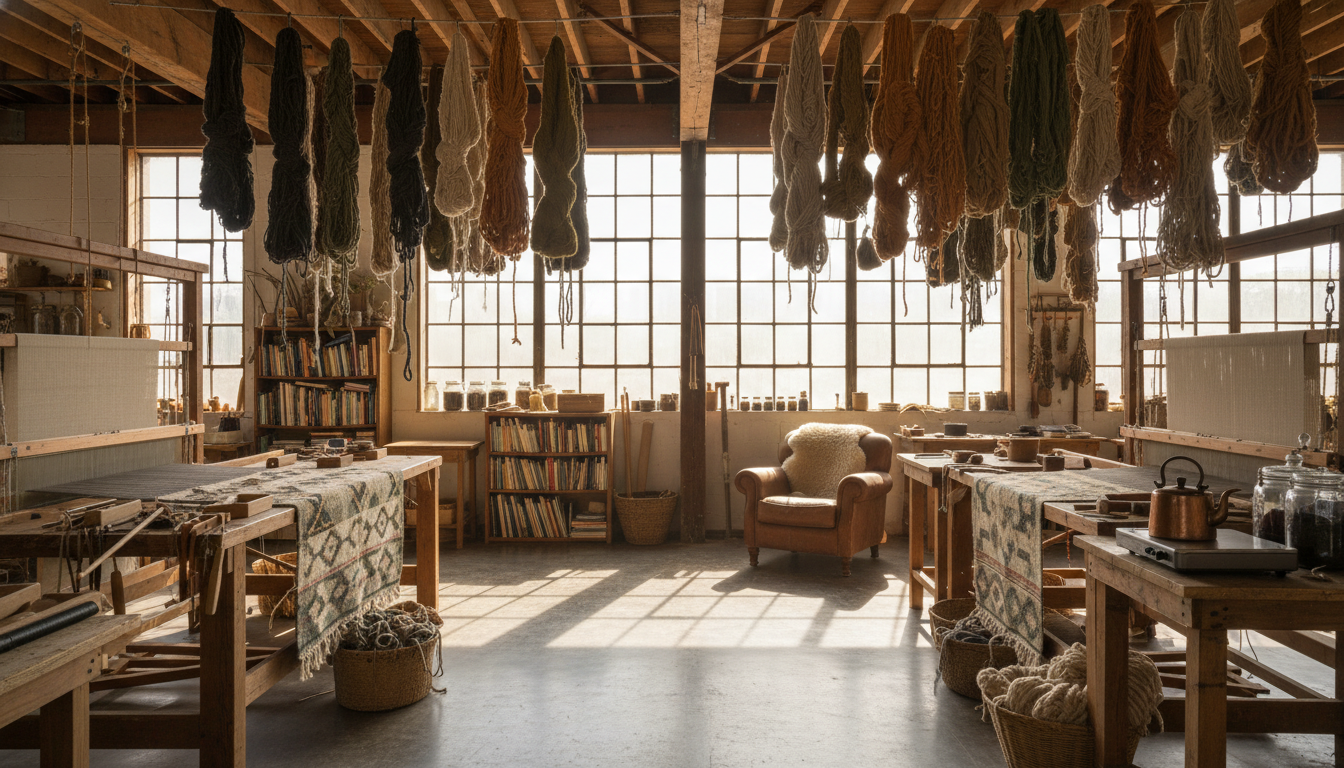 An artisanal studio showing the natural dyeing process of raw fibers for eco-friendly mineral rugs.