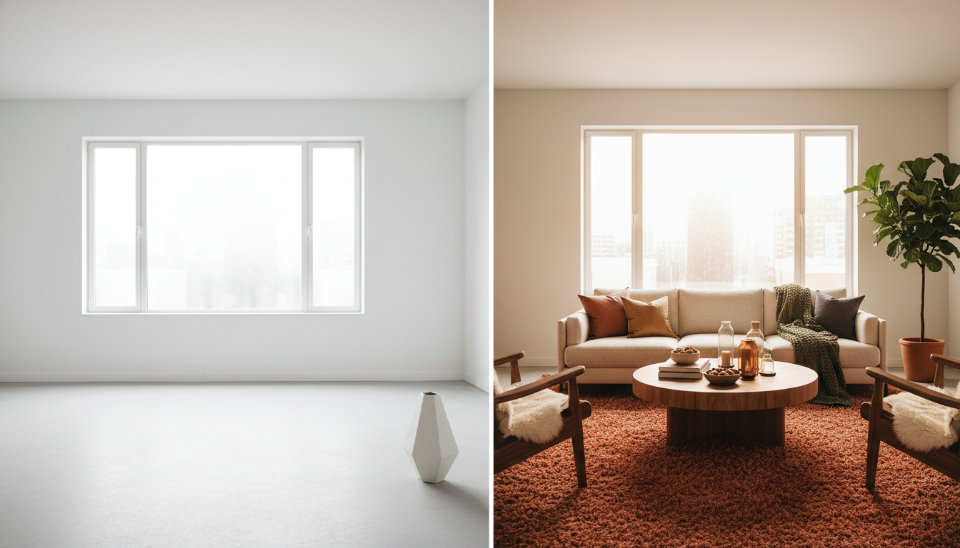 Before and after room transformation using a bold rust-colored rug.