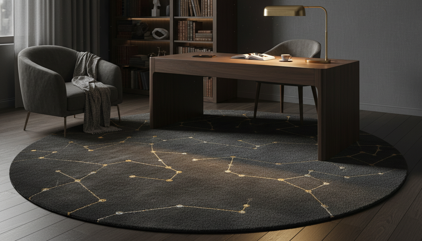 Modern home office with a dark constellation rug and walnut furniture, featuring brass accents that echo the rug's star motifs.