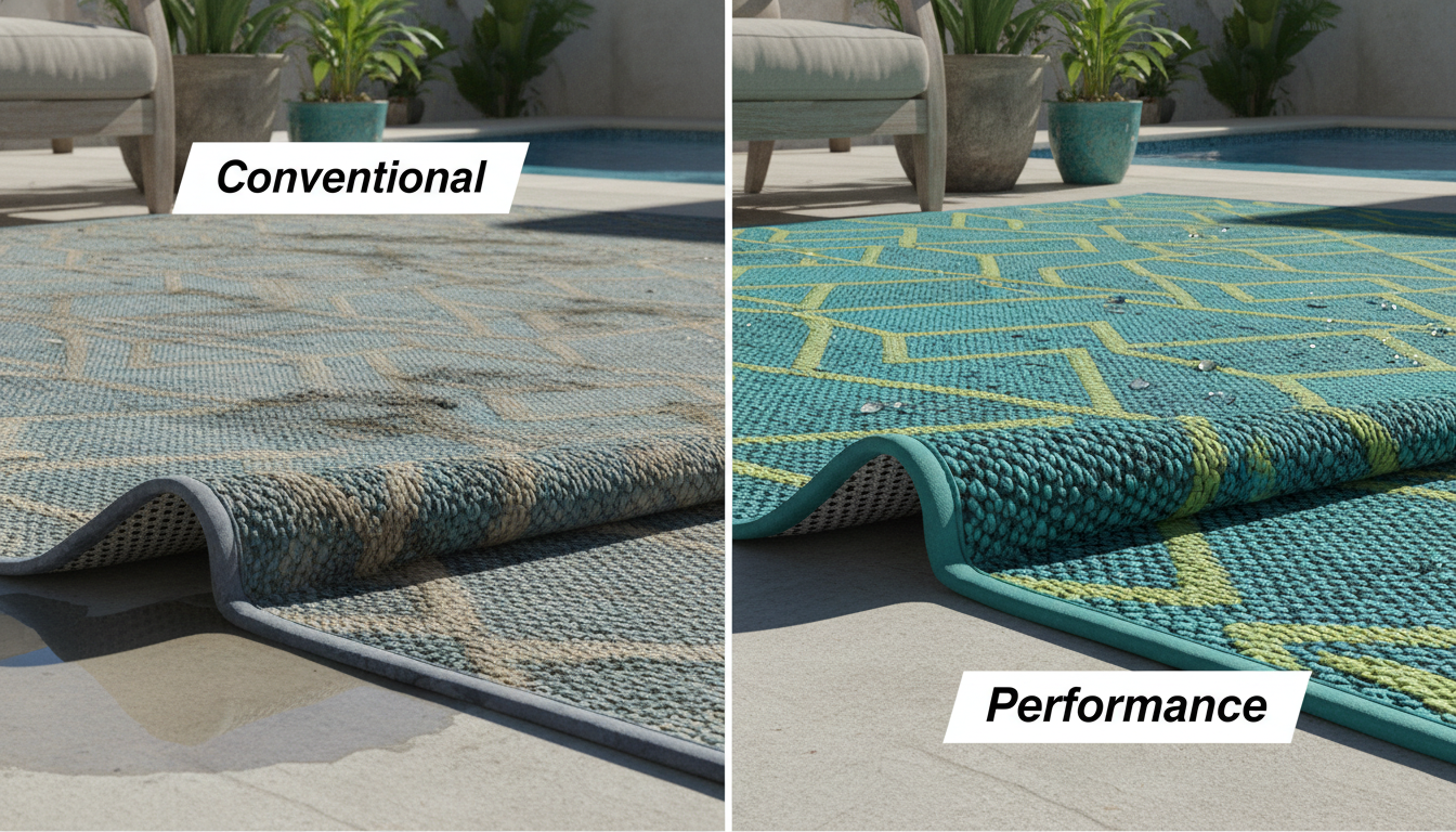 Comparison of high-quality vs low-quality outdoor rug drainage and UV resistance.