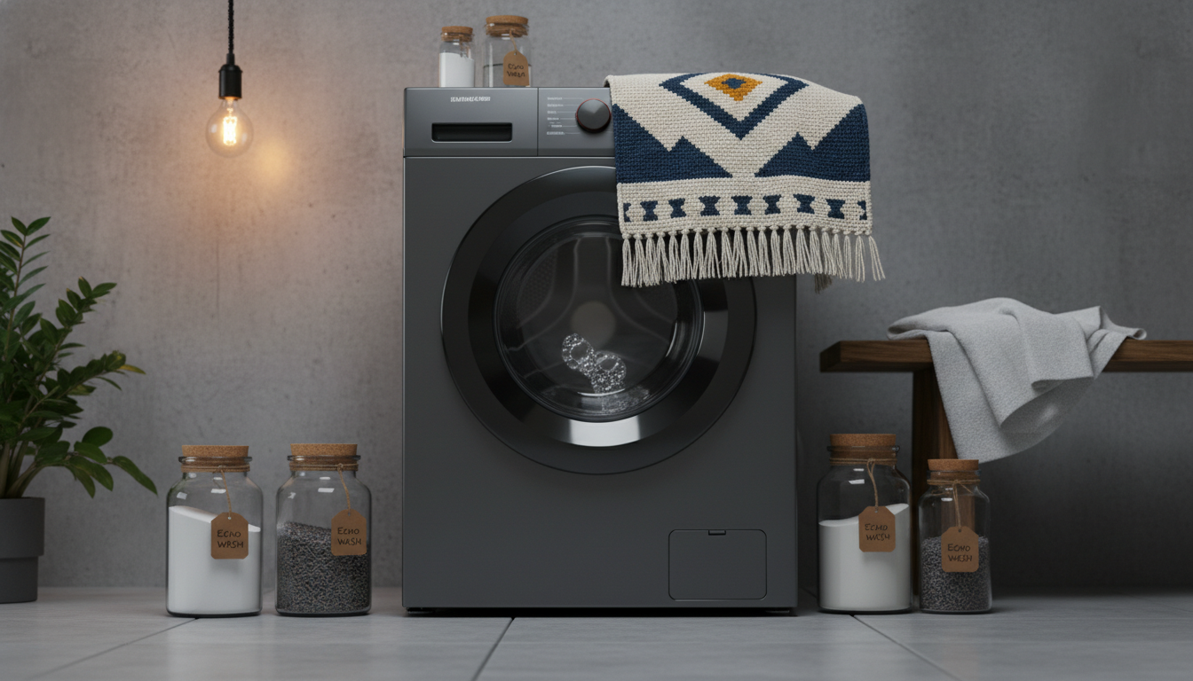 Modern laundry room with a folded designer rug ready for machine washing.