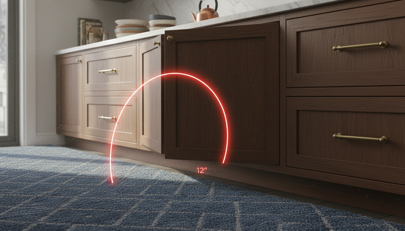 Designer fix for rug placement near kitchen cabinets and swinging doors.