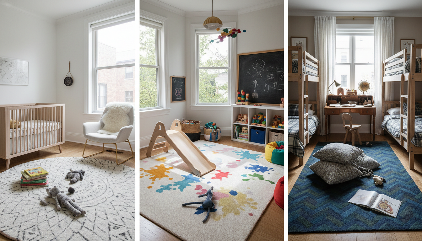Real world examples of stylish kids rugs in different city apartment settings