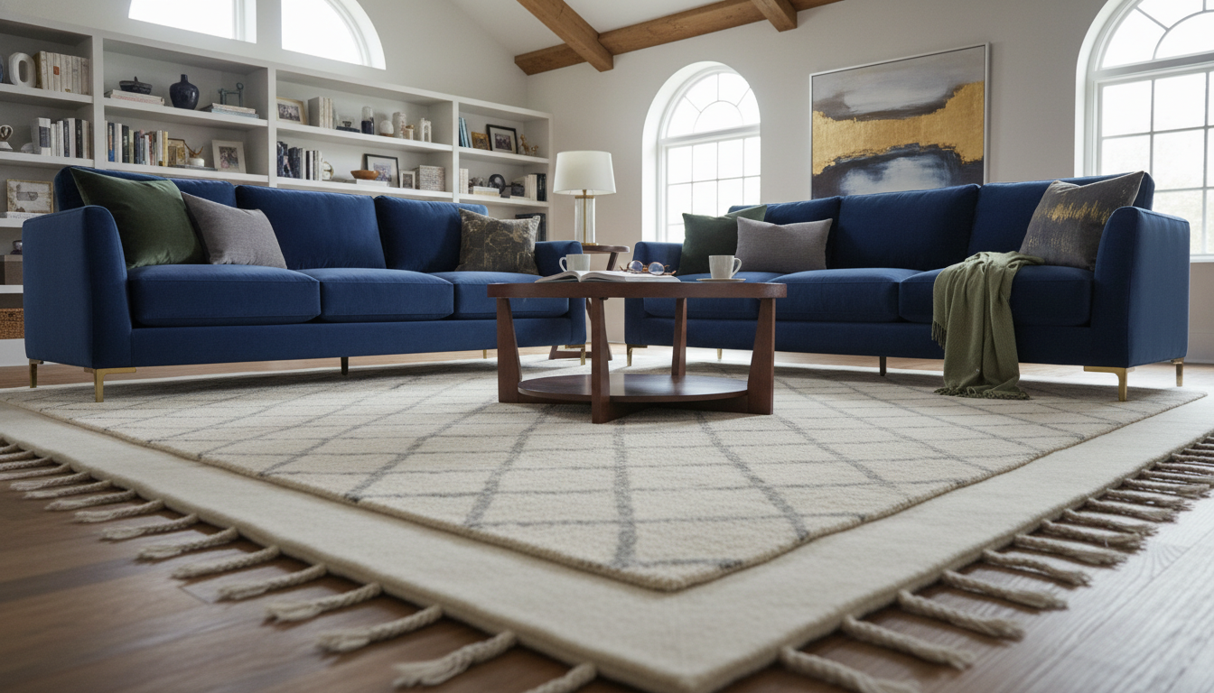Styling tips to make an affordable rug look expensive through layering and premium furniture pairing.