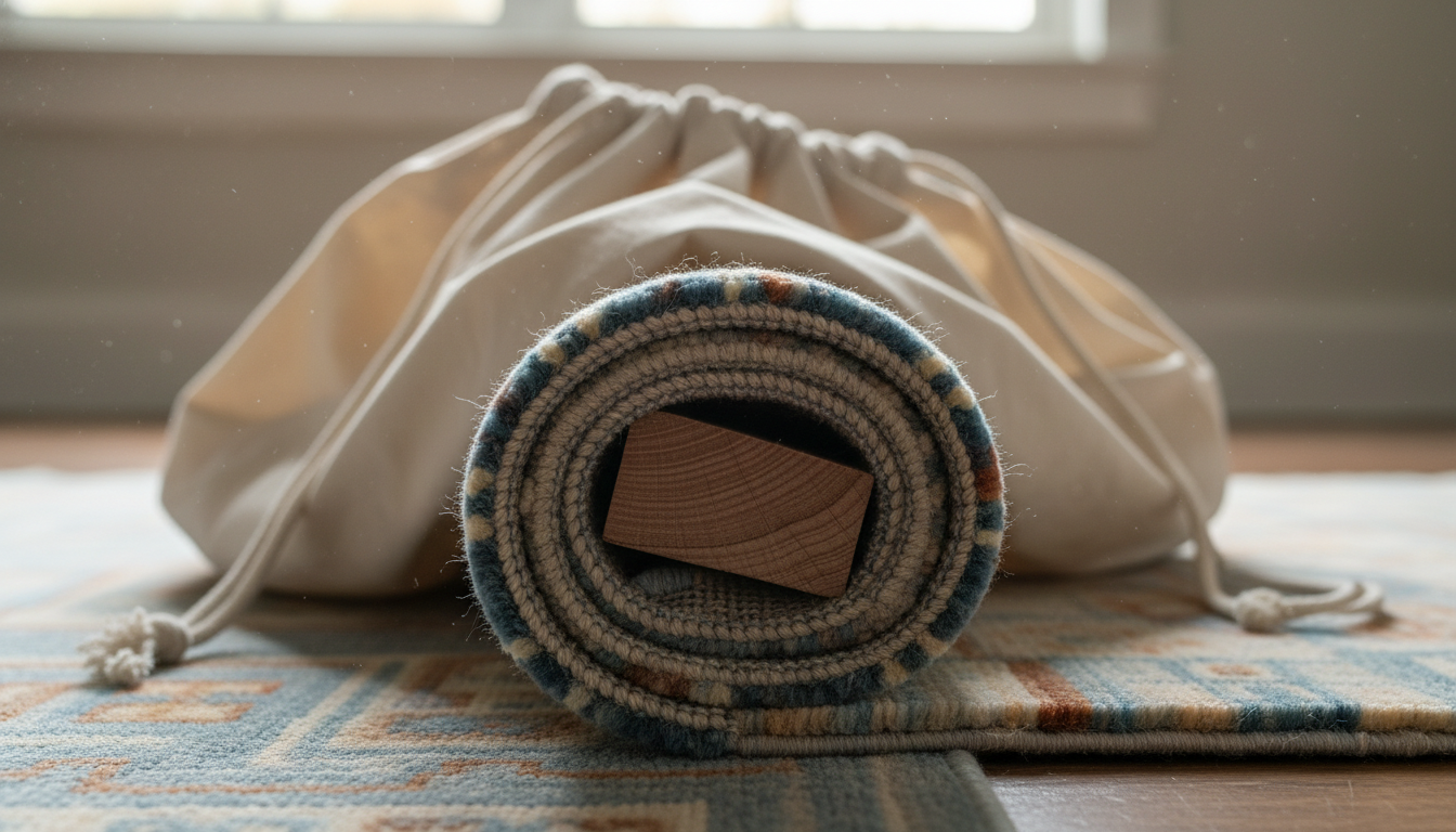 Close up of a rug being rolled with cedar for seasonal storage
