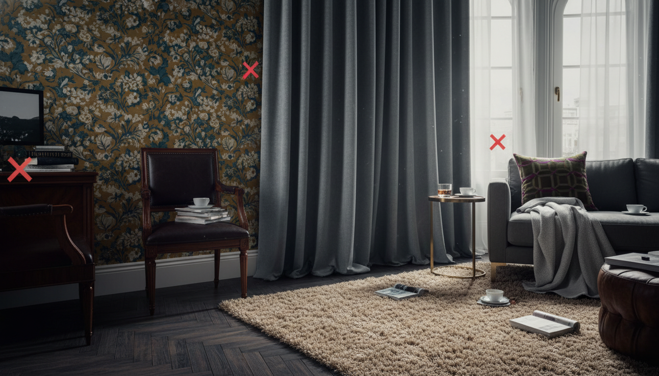 Interior design example showing common mistakes in color temperature and pattern clashing.