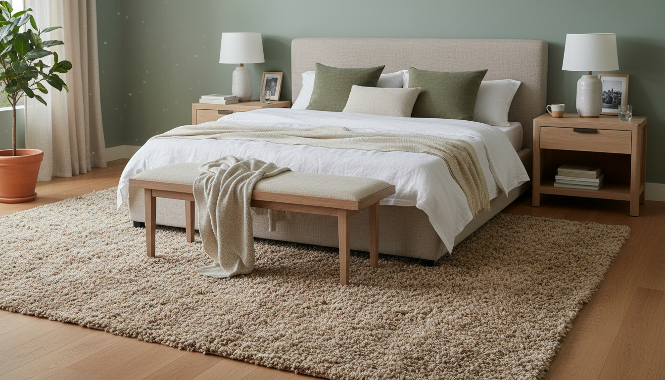 A bedroom with a neutral-toned rug that creates an expensive, cohesive look with the wall color.