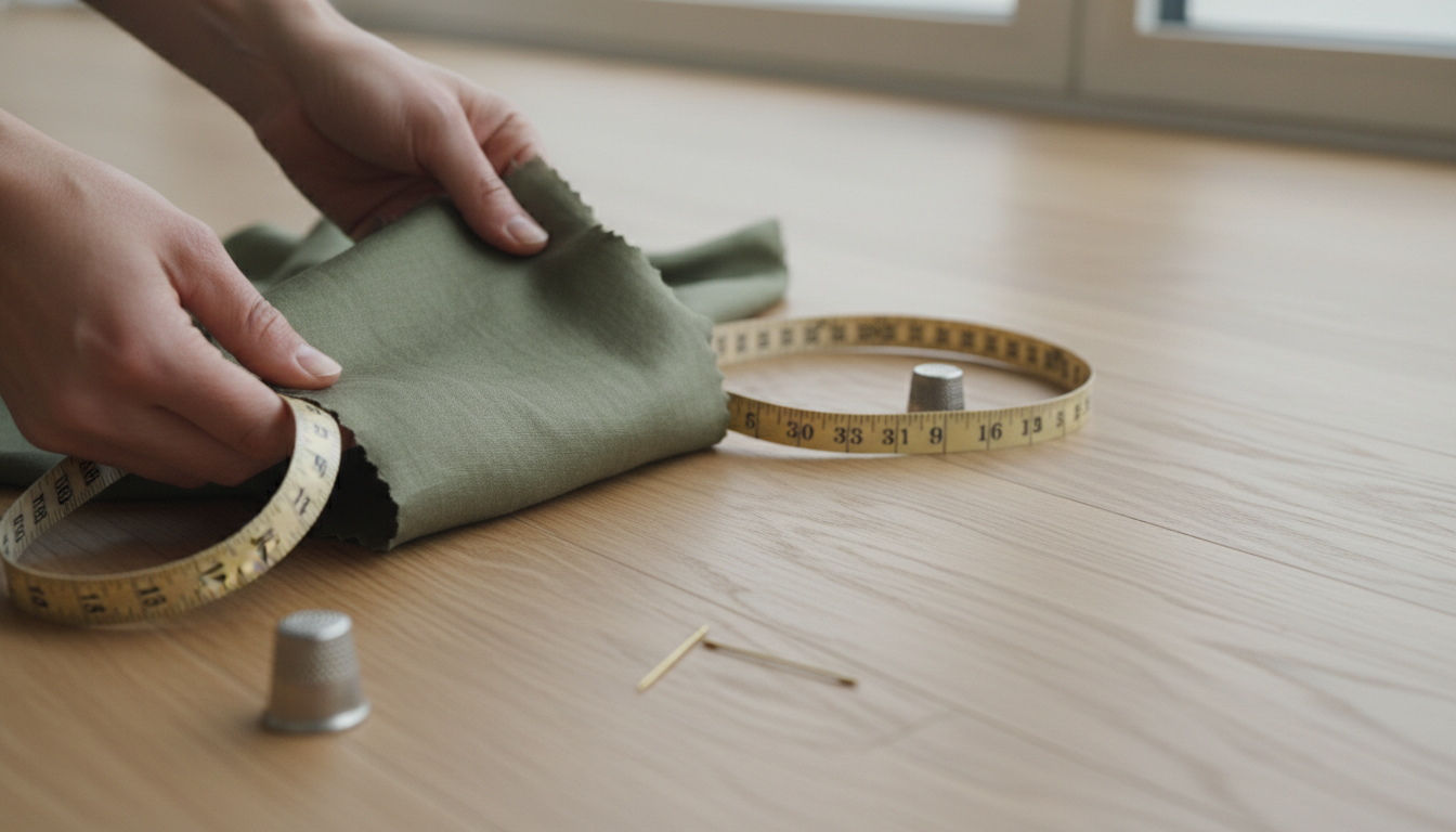 Interior designer measuring a room for a small space rug using professional tools and swatches.