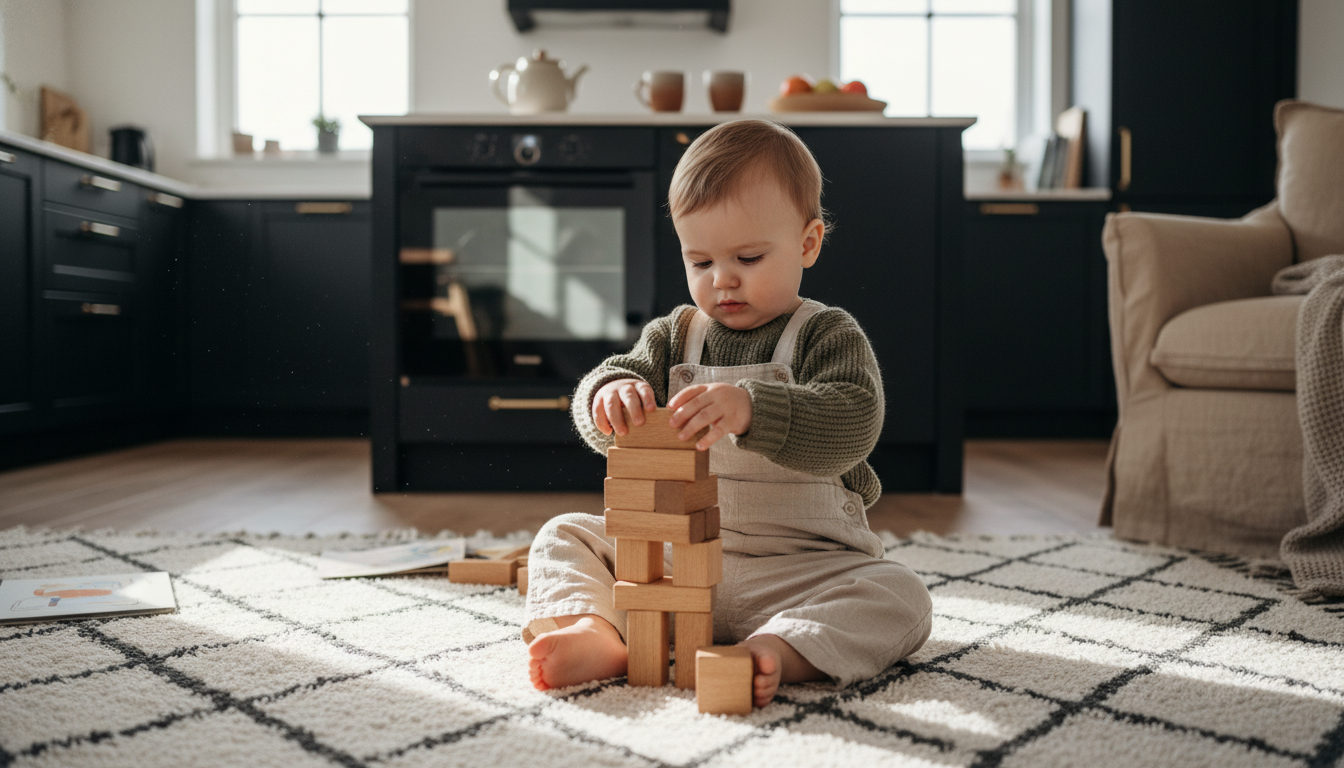 Toddler playing on a durable high-traffic rug in a modern home