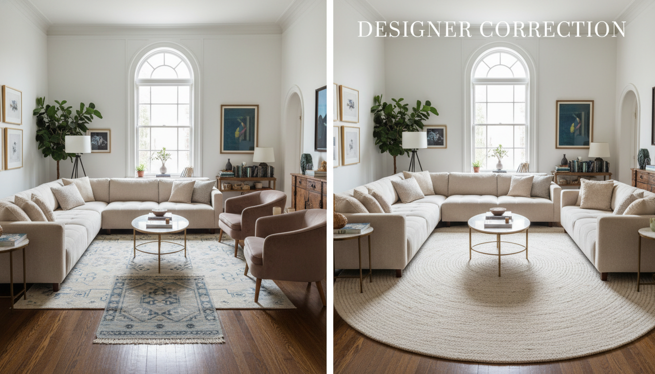 before and after comparison of round rug placement mistakes and corrections