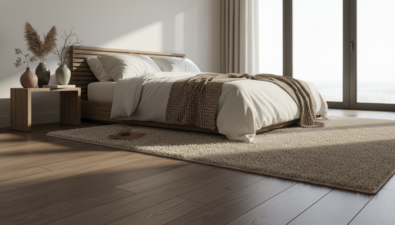 Luxury bedroom interior styling featuring layered textures and a Himalayan Nettle rug for a sophisticated boho-luxe atmosphere.