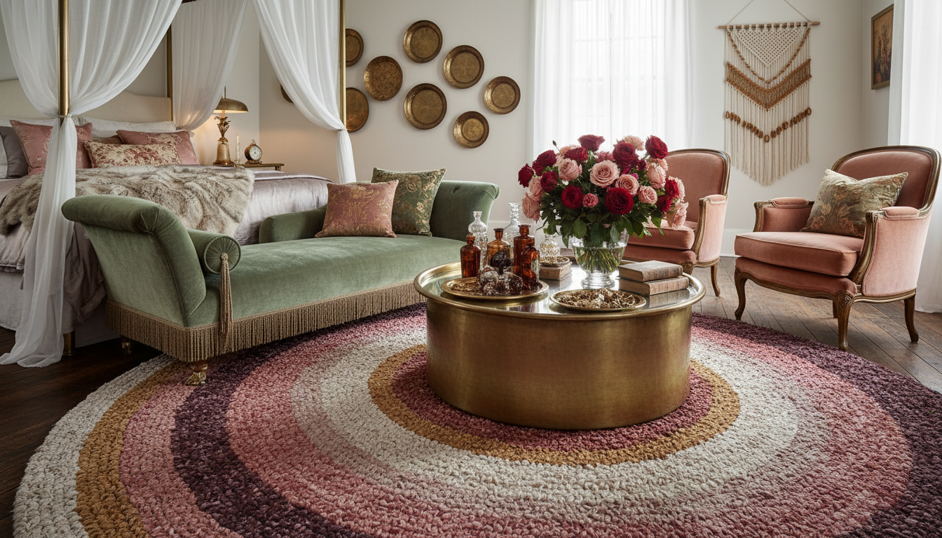 A sophisticated bohemian bedroom interior styled with a plush upcycled rose petal rug and antique furniture.