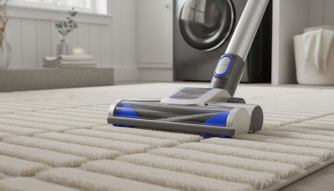 Detailed shot of a vacuum cleaning a high-low pile rug, showing the durability of the textured surface.