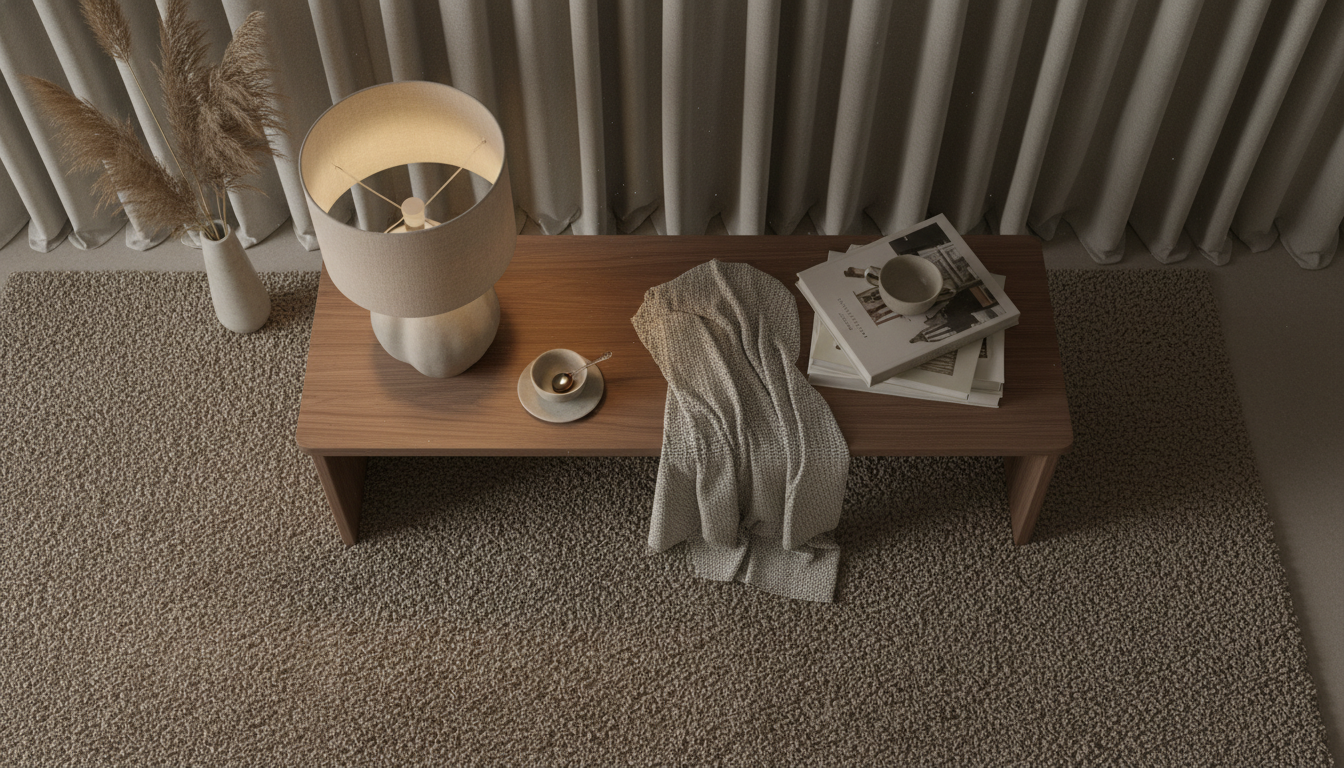 Quiet luxury bedroom decor with a mushroom taupe rug and walnut furniture.