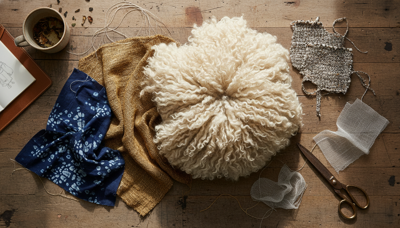 A flat lay comparison of traditional luxury fibers and the new 2026 fermented protein textile samples.