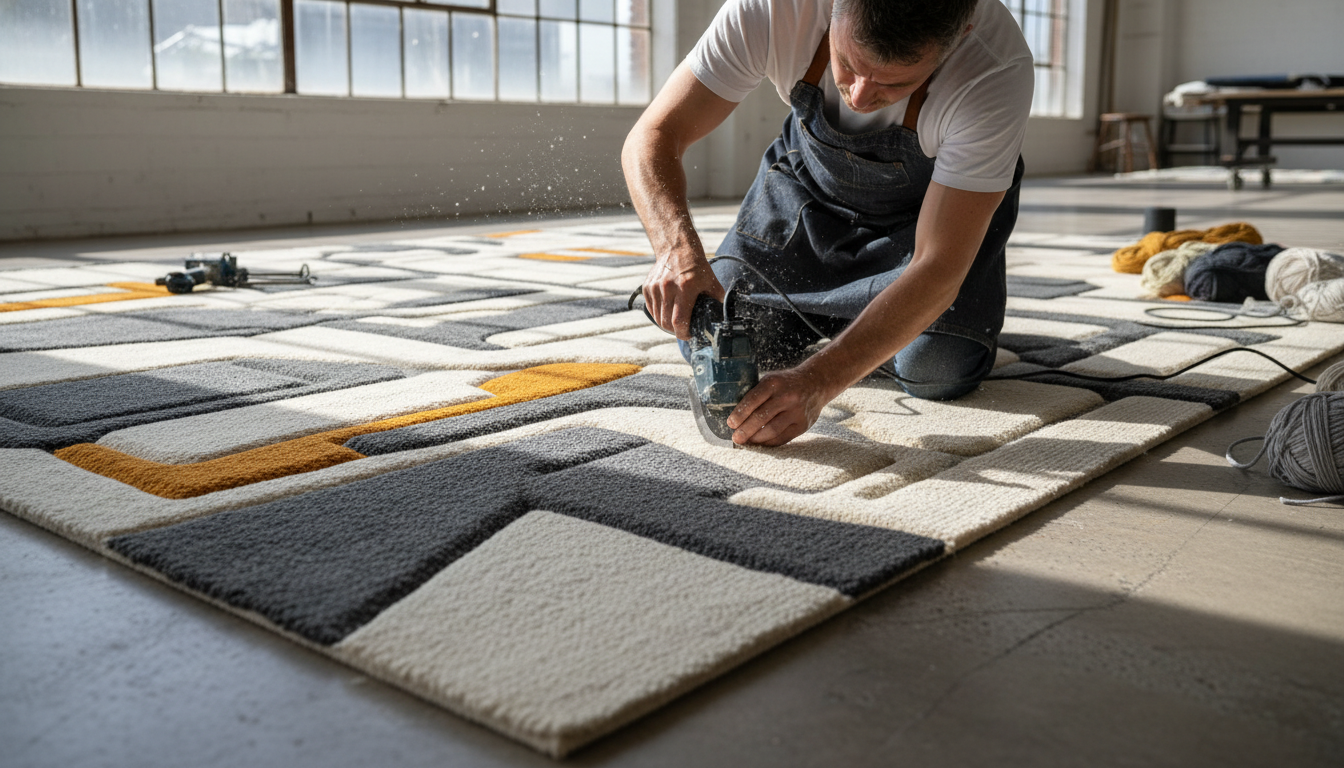 Artisan hand-carving a 3D relief into a high-end Neo-Deco rug to achieve a sculptural look.