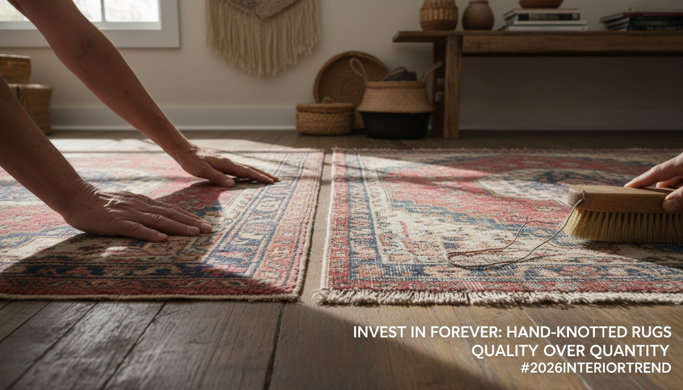 Side by side comparison of a durable hand-knotted rug versus a worn-out machine-made rug.