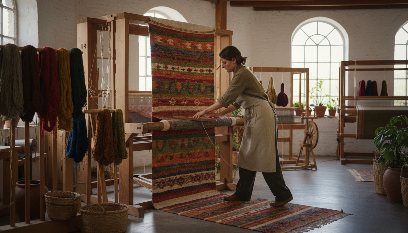 Traditional weaving process for artisan-made Afro-Bohemian rugs.