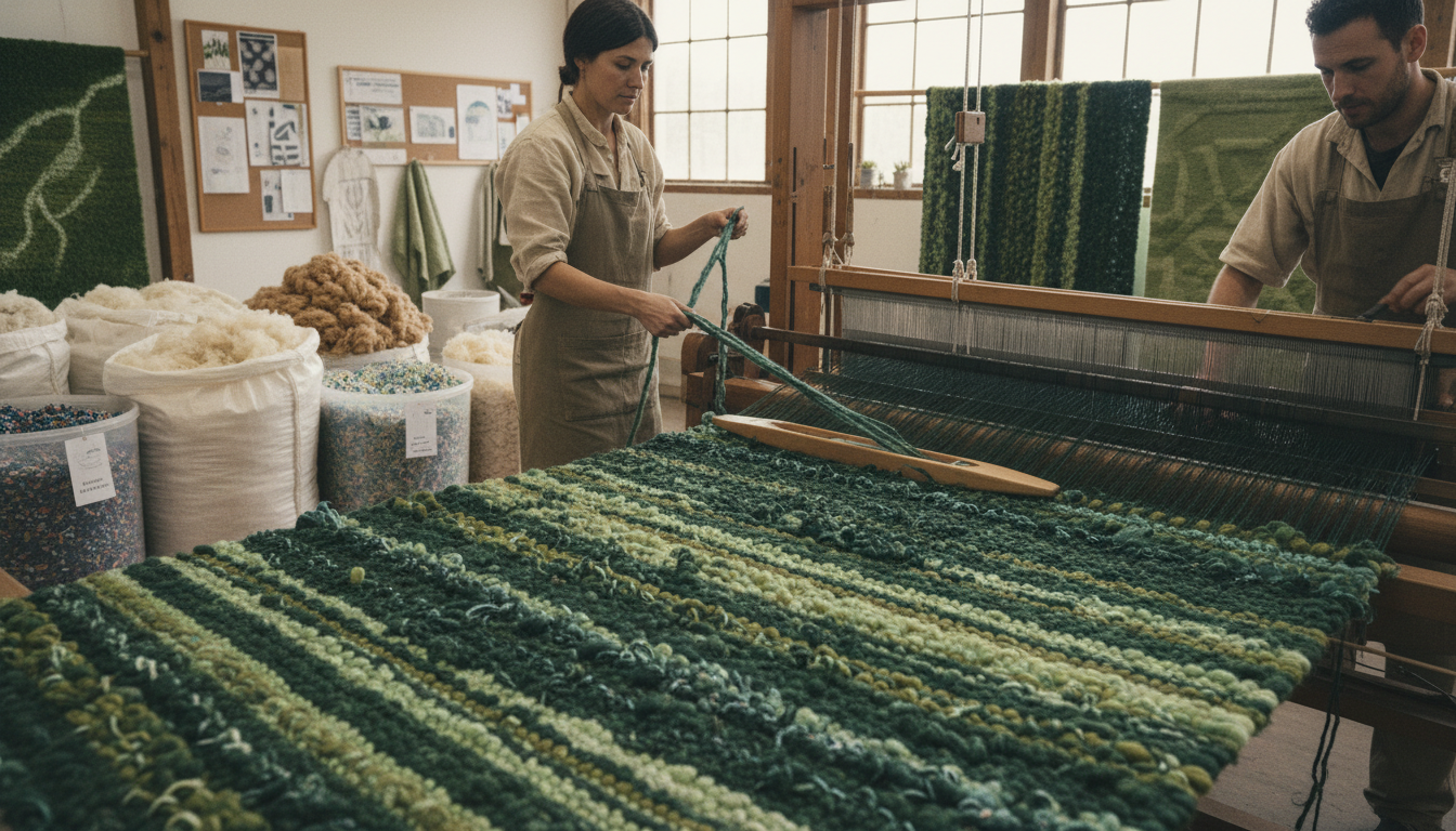 The manufacturing of eco-friendly moss rugs using recycled materials and sustainable textile practices.