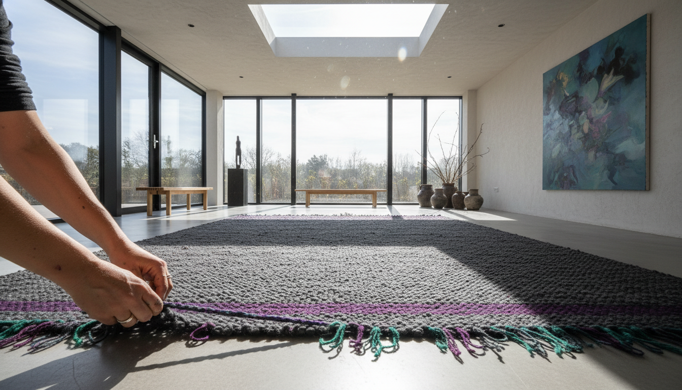 Skylight illuminating a dark-toned rug to reveal hidden violet and emerald undertones in a moody room.