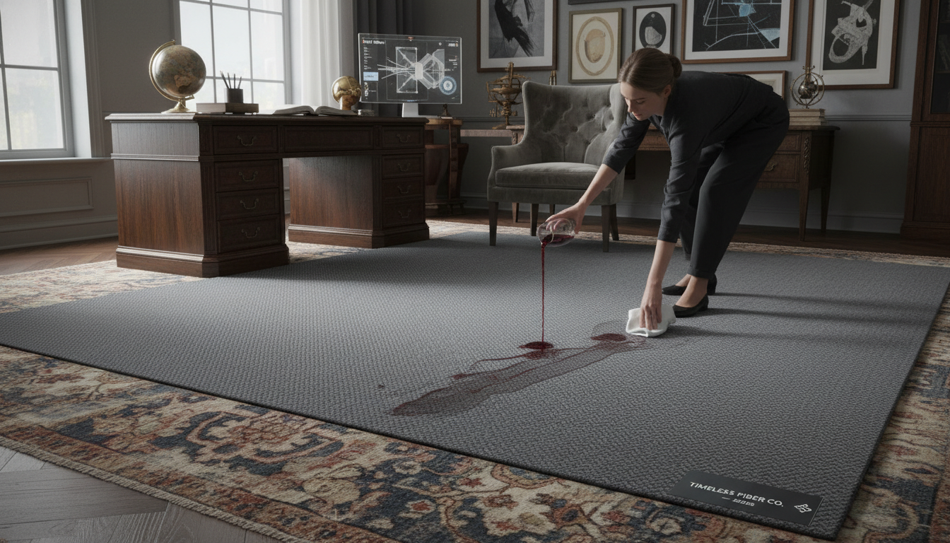 A luxury home office showcasing a high-end smart-fiber rug as a long-term investment piece.