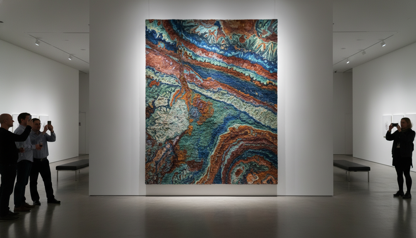 Oxidized mineral rug displayed as floor-bound geological art in a high-end gallery setting.