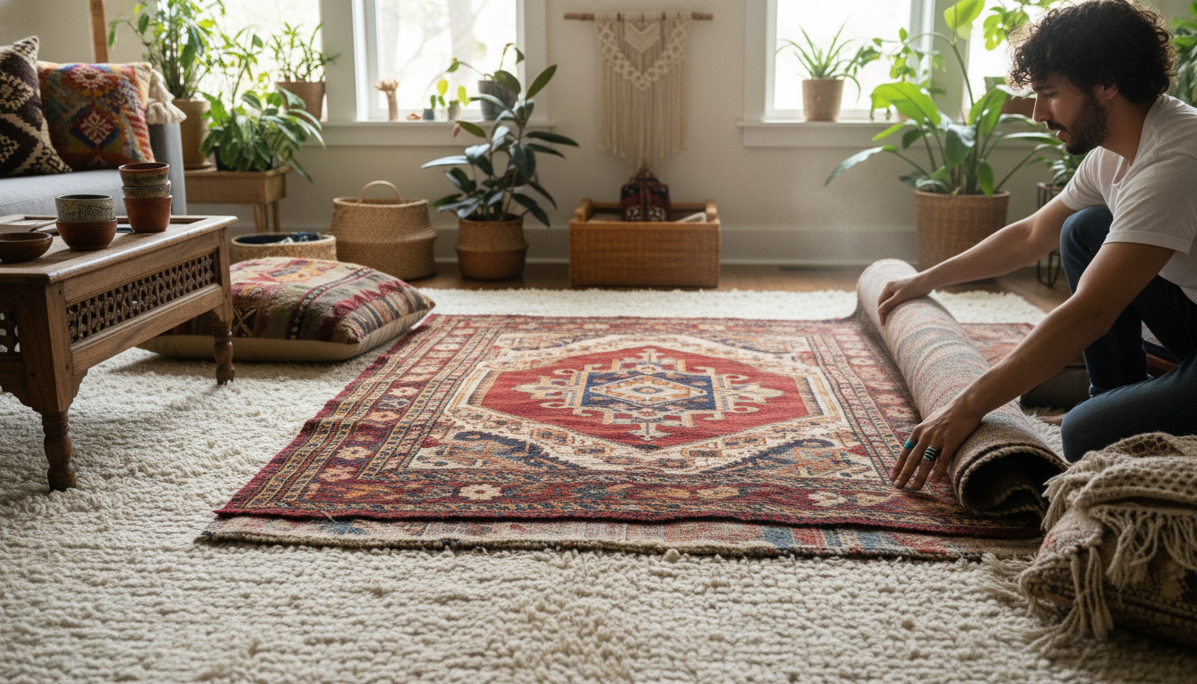 Layered rug technique featuring a large sustainable base rug in a maximalist boho setting.