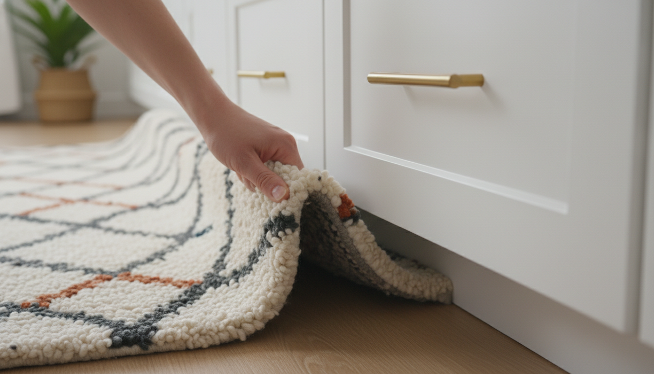 Brushed brass hardware on white cabinets, showing how to decorate by upgrading small details for a luxury look.