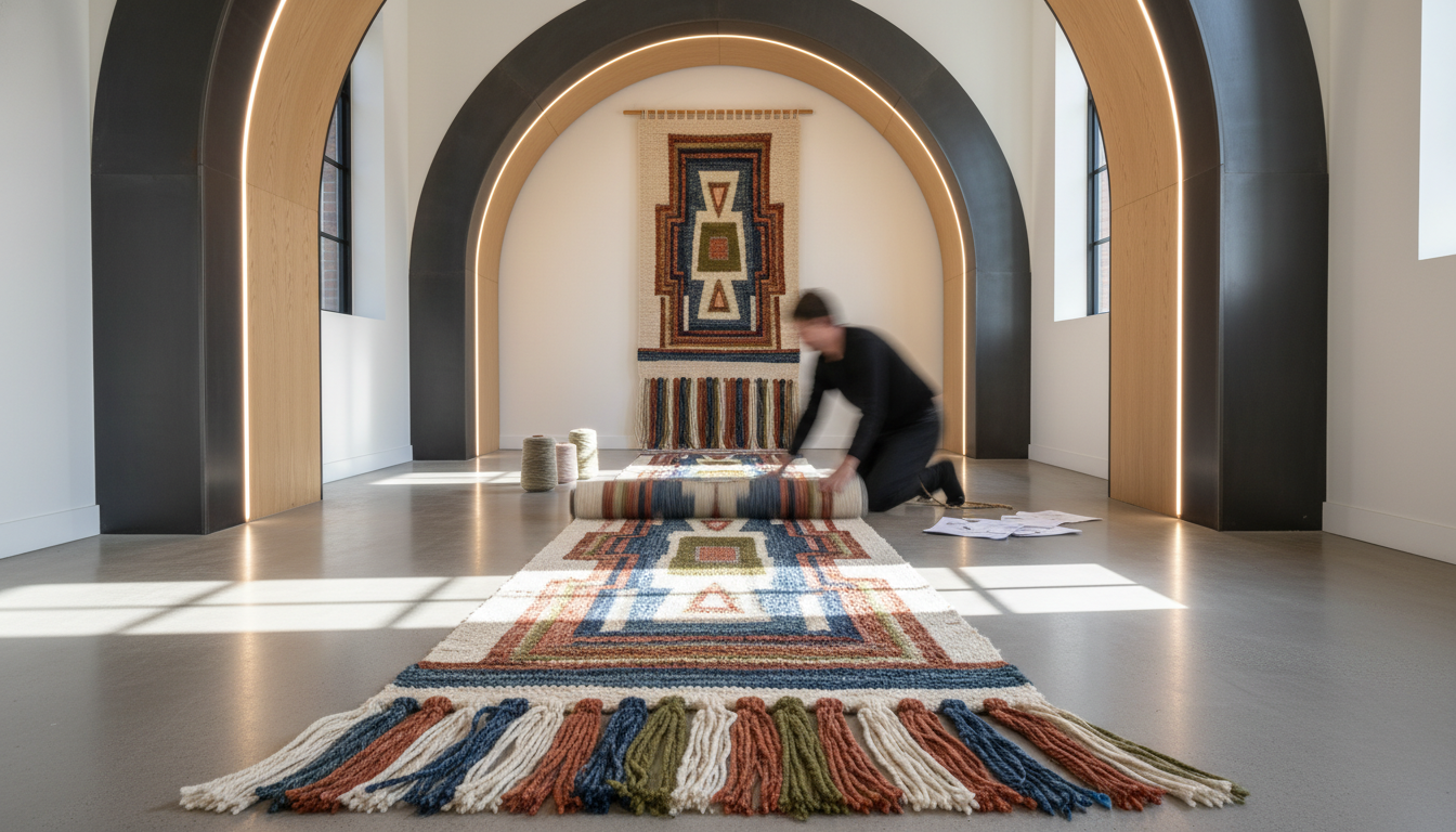 Gallery-style hallway displaying Neuroaesthetic Rugs 2026 as both floor art and wall-hanging fiber art.