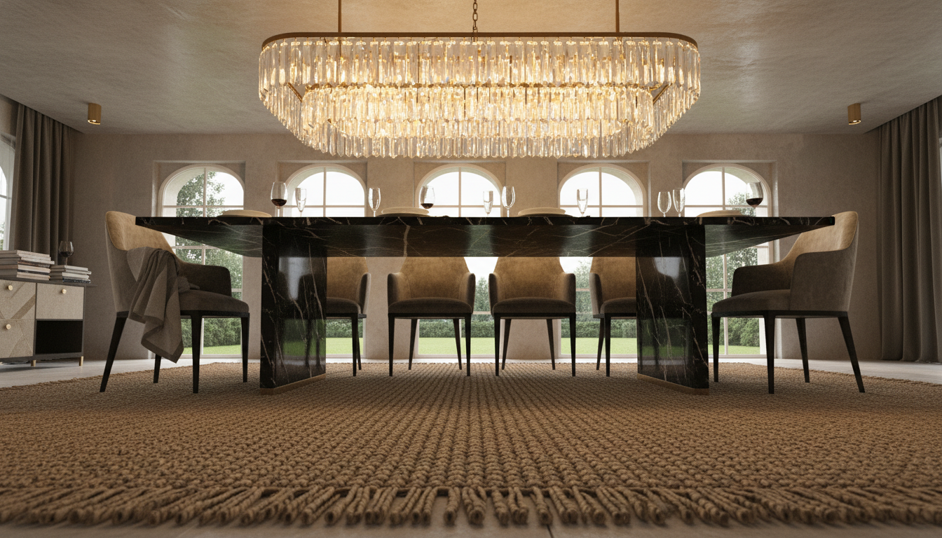 Formal dining room styled with a rustic natural fiber rug to illustrate the 'Wrong Rug Theory' design trend.