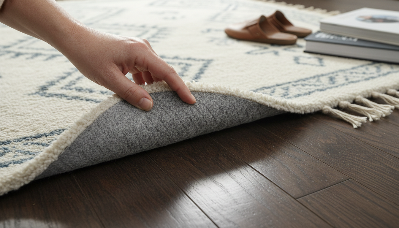 Demonstration of a non-slip rug pad used to secure layered rugs on hardwood flooring.