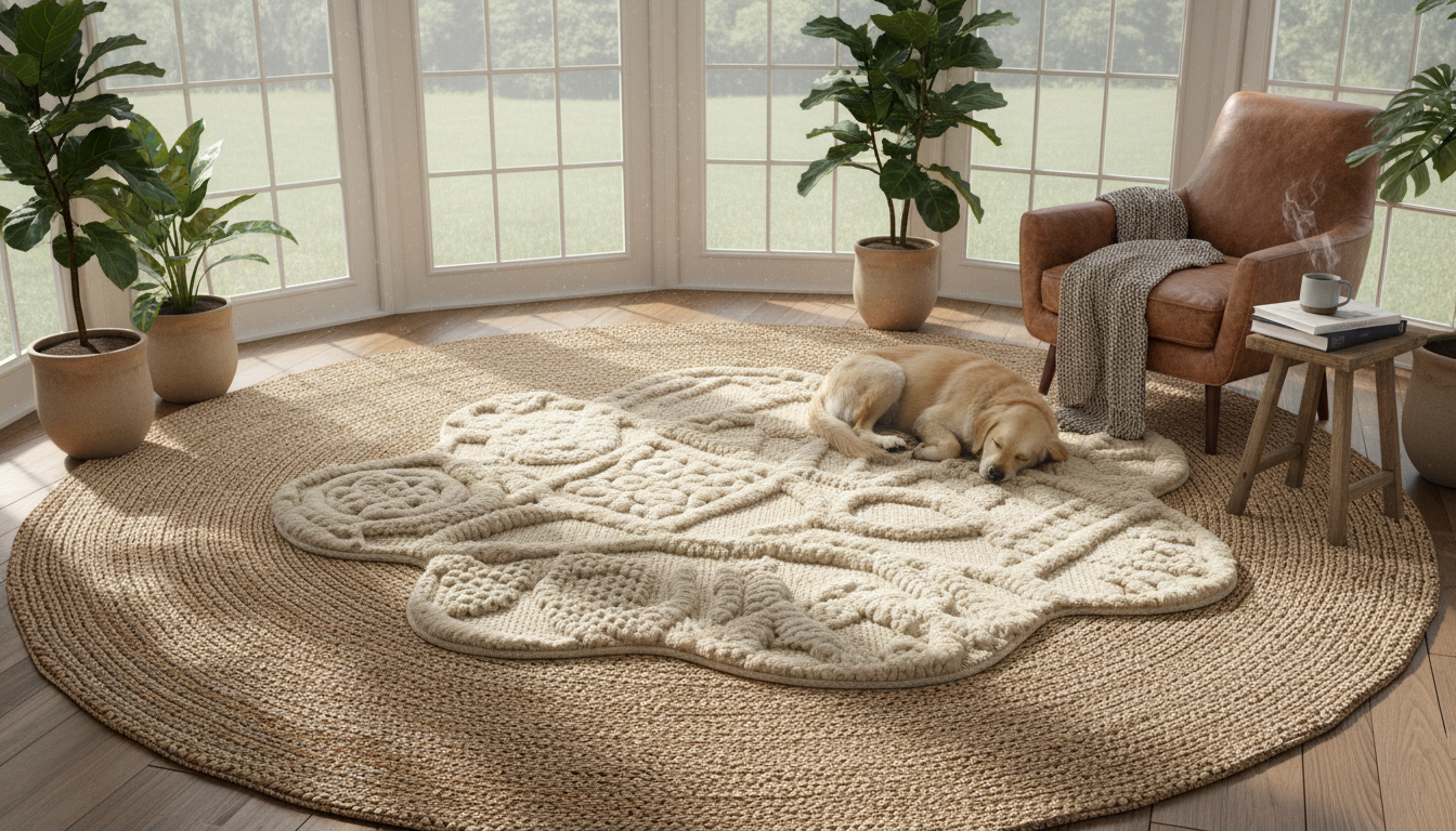 Example of rug layering using a natural jute base and a textured wool top layer in a bright interior.