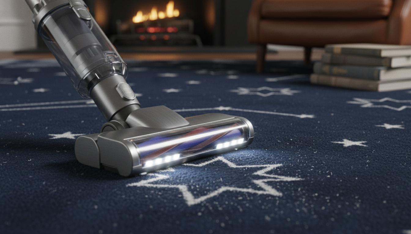 Close-up of a celestial rug being vacuumed, showcasing maintenance tips for dark-colored decorative rugs.