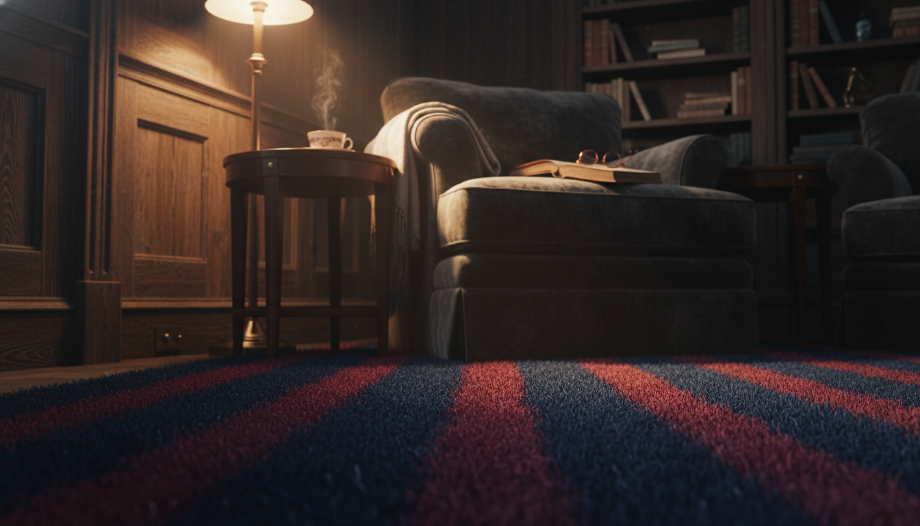 Moody library lounge featuring a dark-toned striped Circuscore rug for a sophisticated theatrical look.