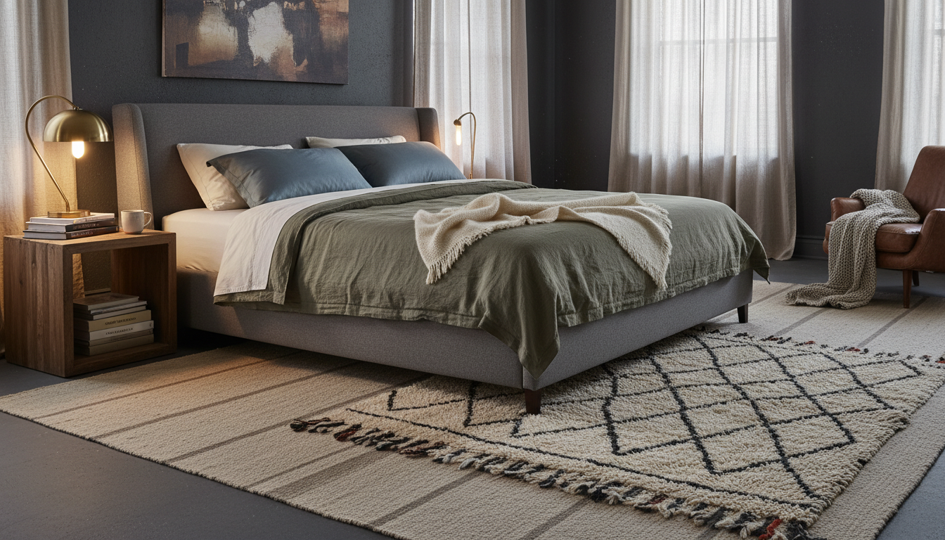 Sophisticated rug layering technique in a modern bedroom setting.
