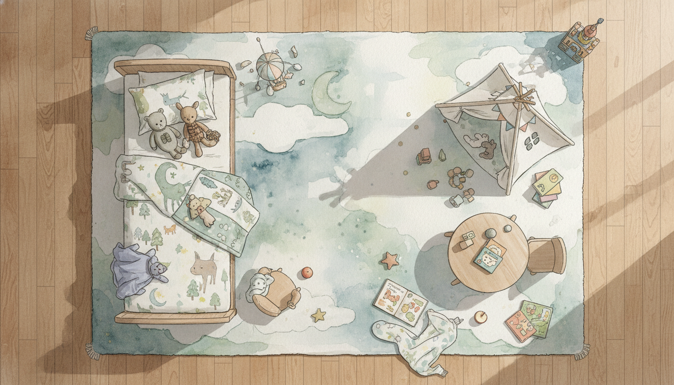 Rug placement diagram for a kids bedroom showing furniture and play zones