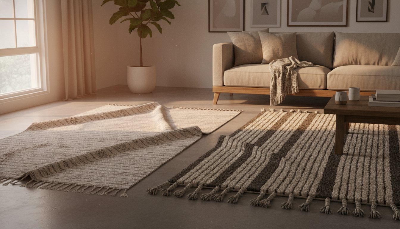 Comparison of two rugs with identical color undertones for seasonal swapping