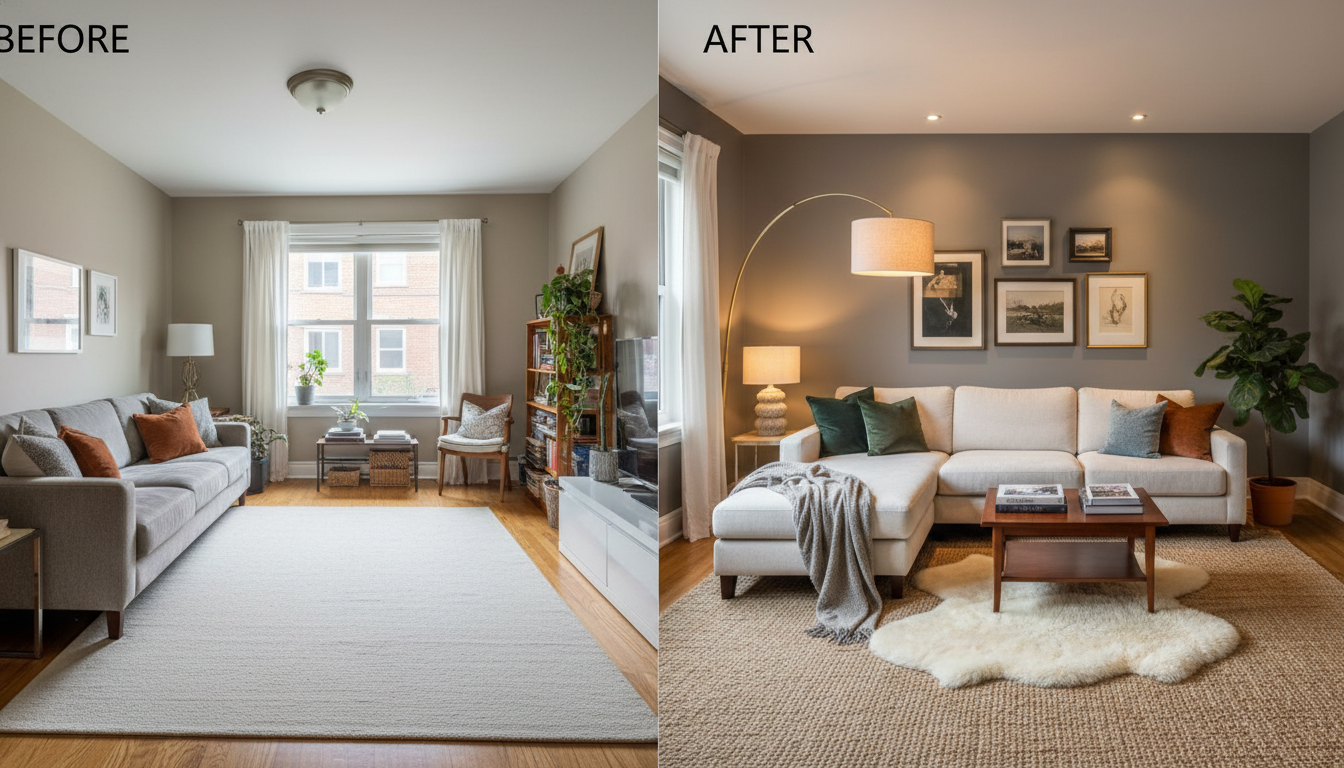 Before and after comparison of a small apartment living room styled with budget rugs for a high-end look.