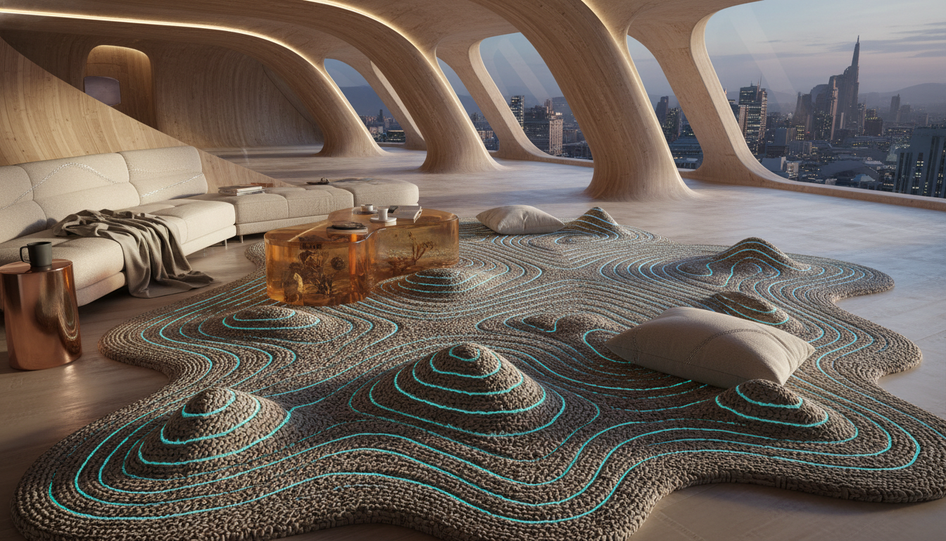 Experimental 3D rug design in a futuristic interior showing the evolution of tactile flooring.