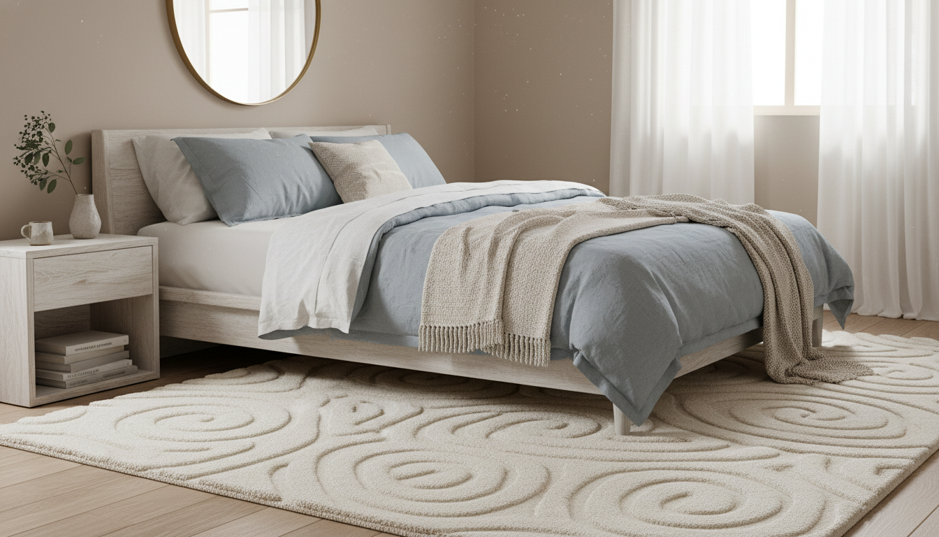 Bright airy bedroom with an ivory sculpted wool rug and whitewashed wood furniture.
