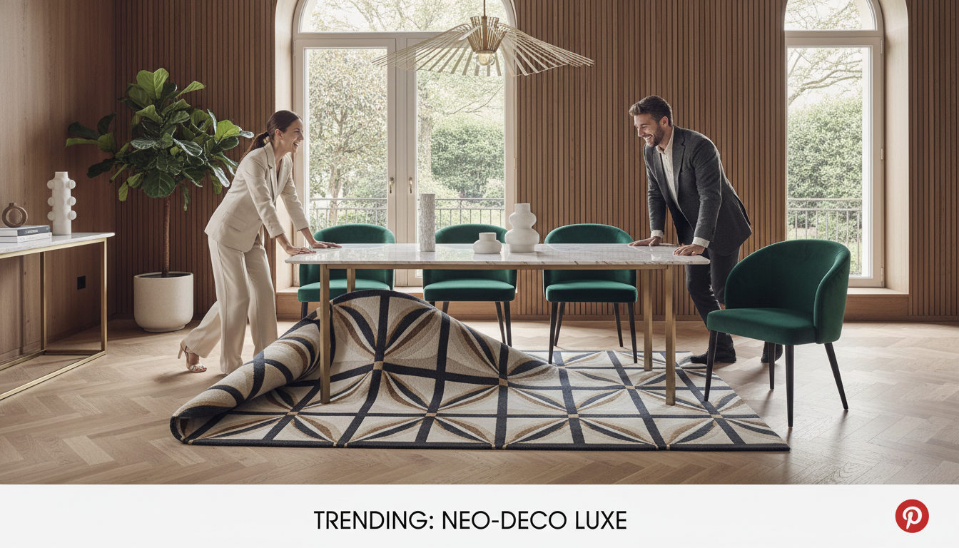 Sophisticated dining room anchored by a Neo-Deco rug, demonstrating timeless appeal.