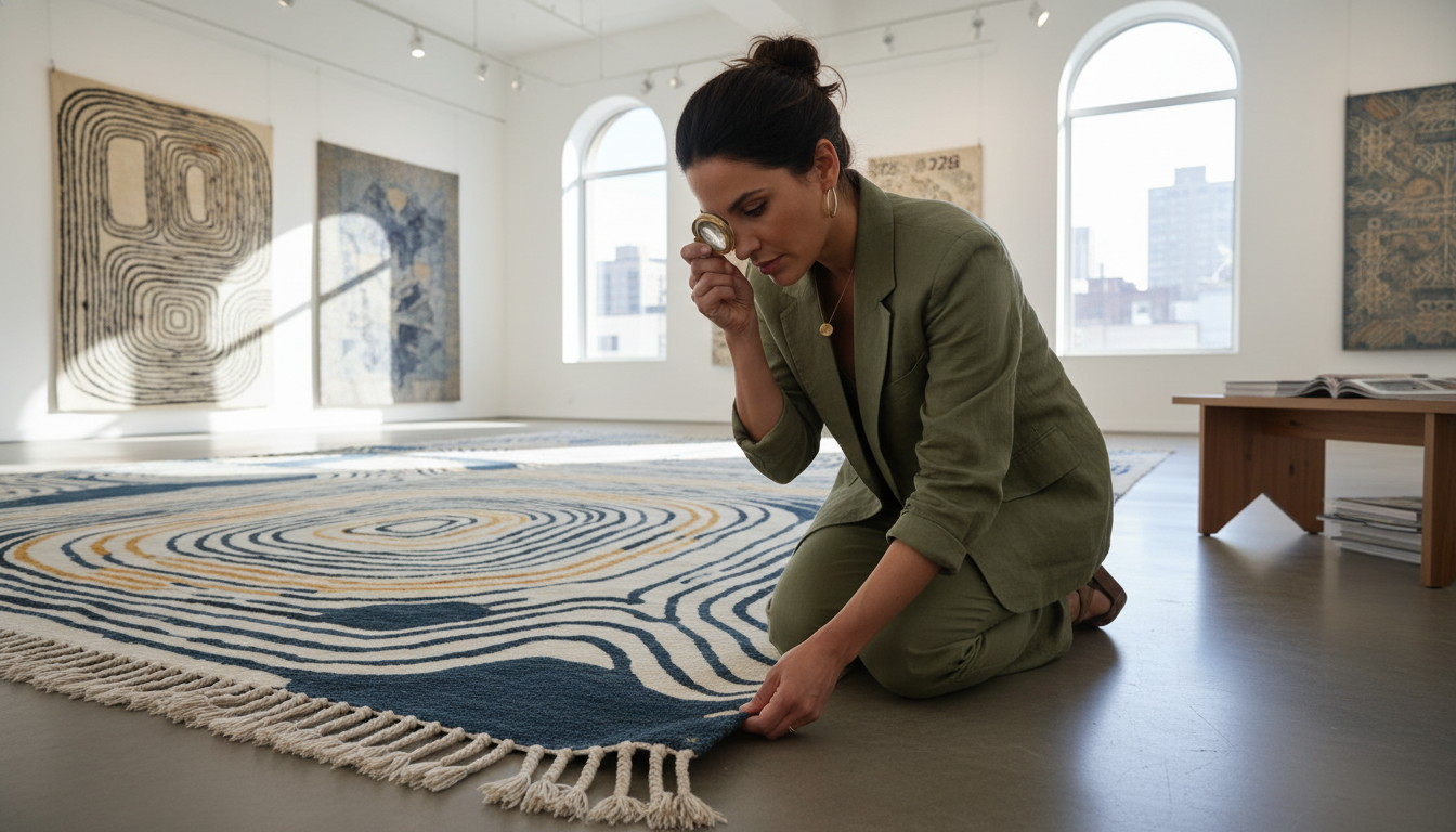 Interior design expert authenticating a hand-knotted rug by examining the structural fringe.