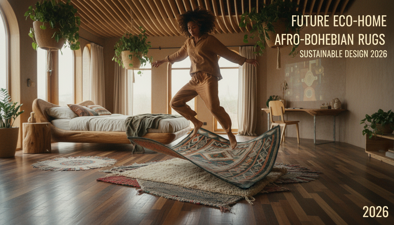 Bedroom interior displaying 2026 design trends with layered earth-textured rugs.