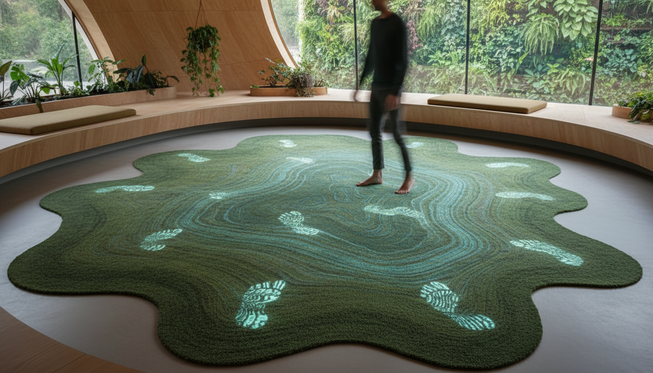 Conceptual visualization of a multi-sensory biophilic rug that integrates subtle technology for an interactive home environment.