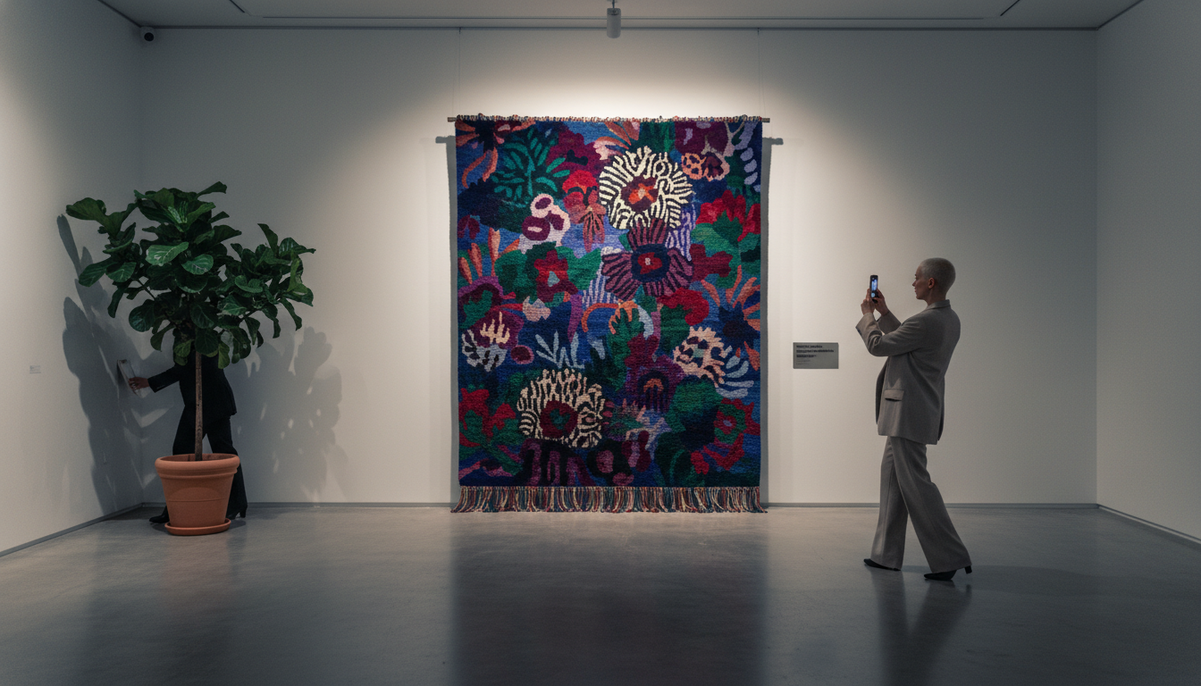 A curated gallery space displaying a Moody Maximalist rug as a wall-hanging art piece representing long-term luxury.