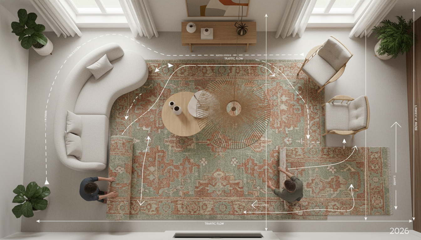 A balanced living room furniture layout demonstrating professional spatial geometry and flow.